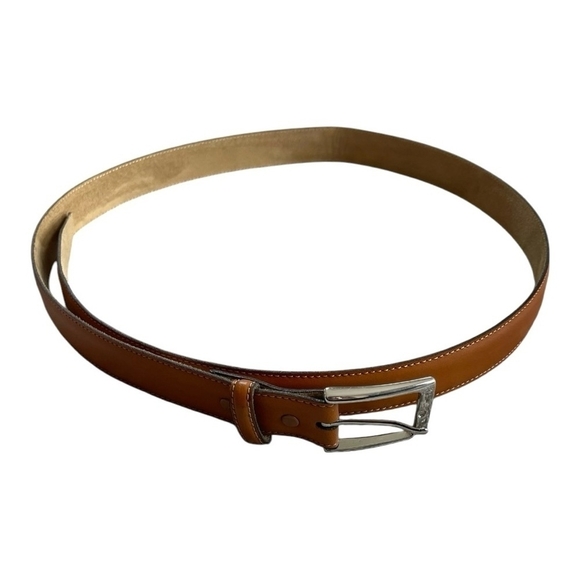 Mens Belt LAND’S END Belt Mid Brown Leather Silver Square Buckle Dress Belt - Picture 5 of 7